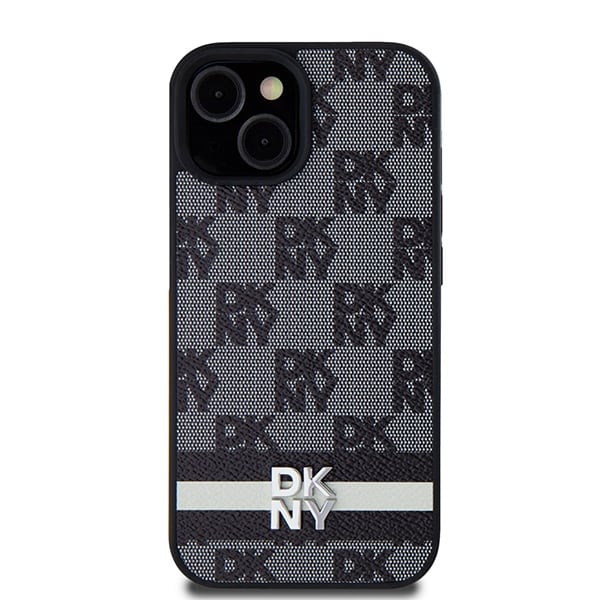 DKNY läderfodral med rutigt monomönster och tryckta ränder för iPhone 15/14/13 - Svart