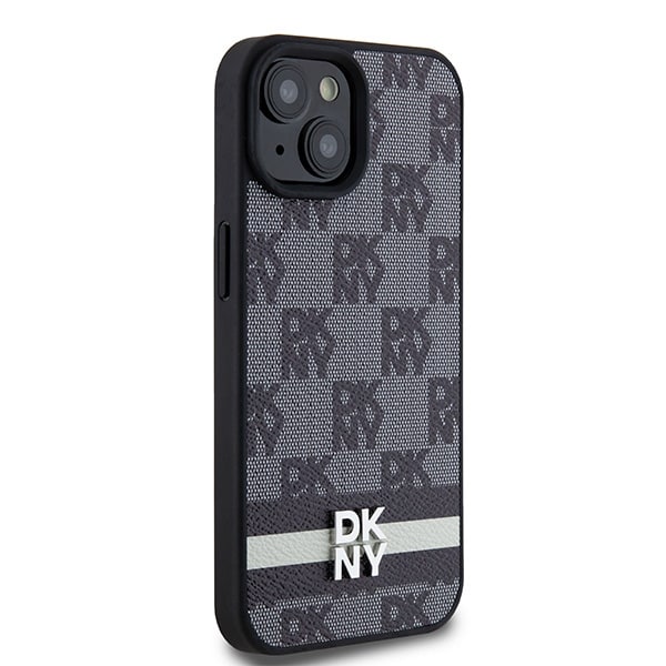 DKNY läderfodral med rutigt monomönster och tryckta ränder för iPhone 15/14/13 - Svart