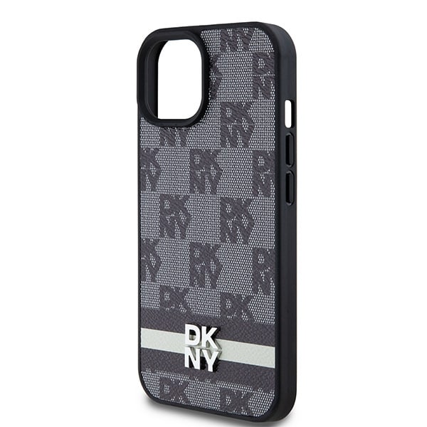 DKNY läderfodral med rutigt monomönster och tryckta ränder för iPhone 15/14/13 - Svart