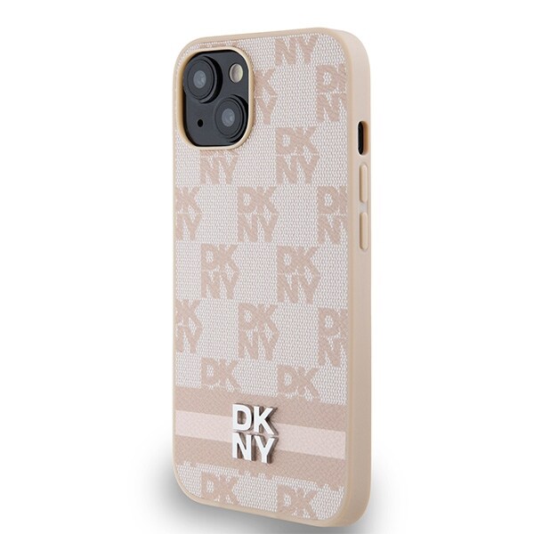 DKNY läderfodral med rutigt monomönster och tryckta ränder för iPhone 15 / 14 / 13 - rosa