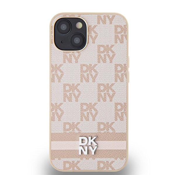 DKNY läderfodral med rutigt monomönster och tryckta ränder för iPhone 15 / 14 / 13 - rosa