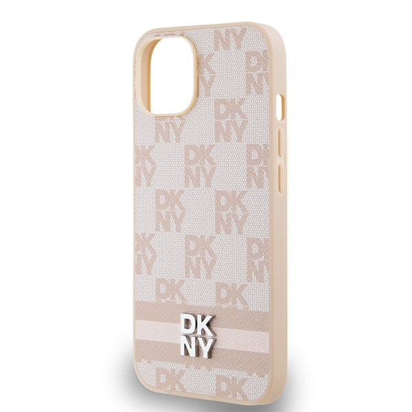 DKNY läderfodral med rutigt monomönster och tryckta ränder för iPhone 15 / 14 / 13 - rosa