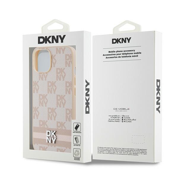DKNY läderfodral med rutigt monomönster och tryckta ränder för iPhone 15 / 14 / 13 - rosa