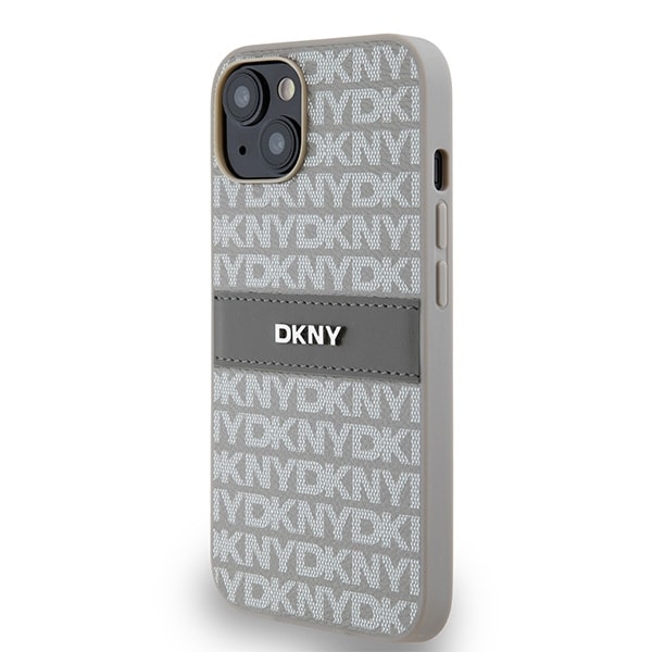 DKNY læderetui med monostribe og metallogo til iPhone 15 / 14 / 13 - beige