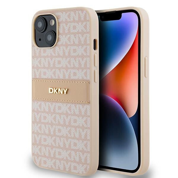 DKNY läderfodral med monostripe och metallogo för iPhone 15 / 14 / 13 - rosa