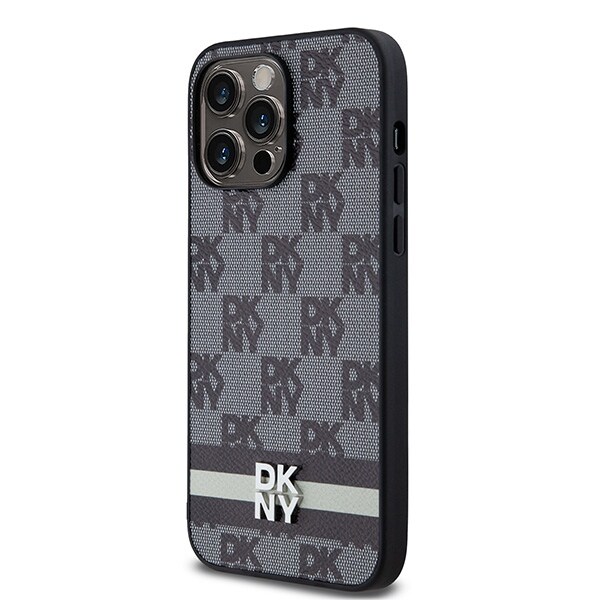 DKNY læderetui med ternet mønster og trykte striber til iPhone 14 Pro Max - Sort