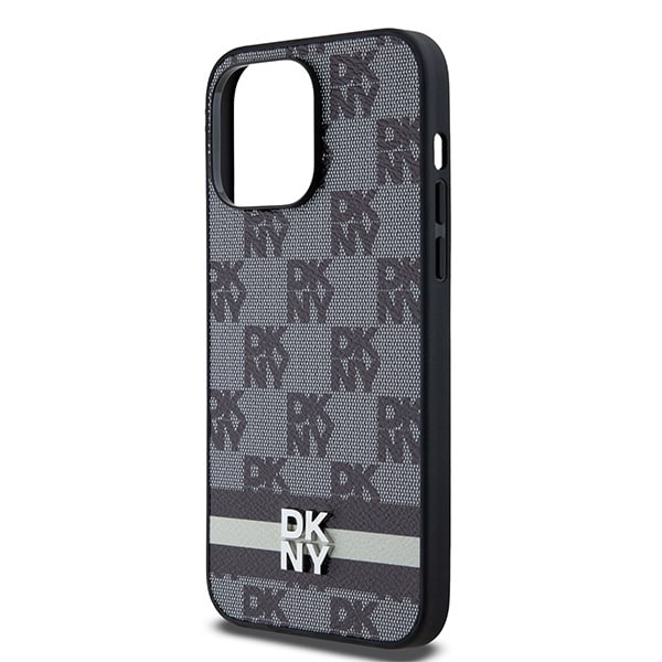 DKNY læderetui med ternet mønster og trykte striber til iPhone 14 Pro Max - Sort