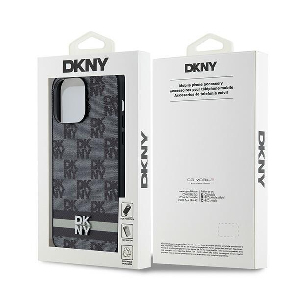 DKNY læderetui med ternet mønster og trykte striber til iPhone 14 Pro Max - Sort