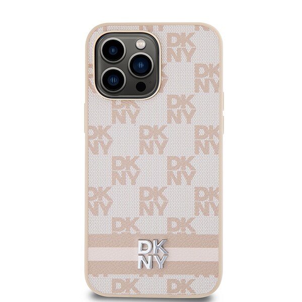 DKNY læderetui med ternet ensfarvet mønster og trykte striber til iPhone 14 Pro Max - pink