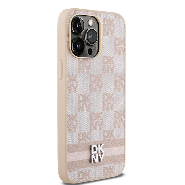 DKNY læderetui med ternet ensfarvet mønster og trykte striber til iPhone 14 Pro Max - pink