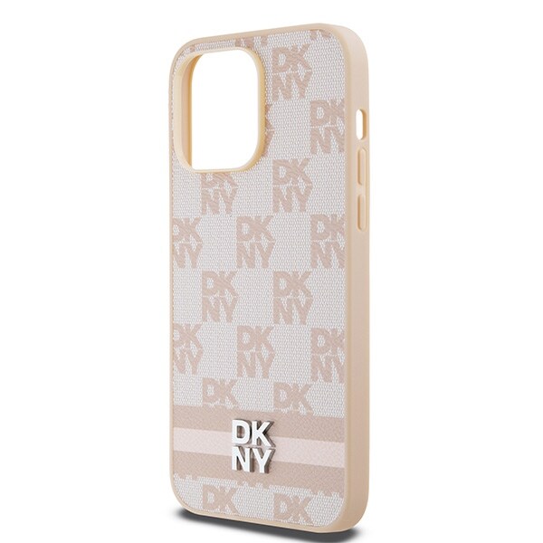 DKNY læderetui med ternet ensfarvet mønster og trykte striber til iPhone 14 Pro Max - pink