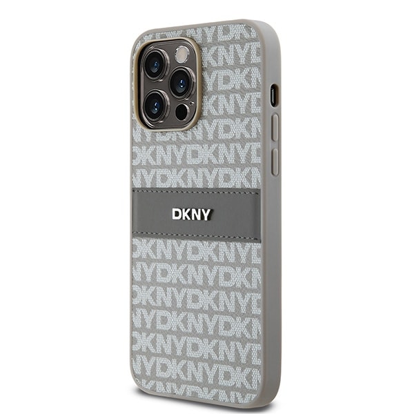 DKNY læderetui med monostribe og metallogo til iPhone 14 Pro Max - beige