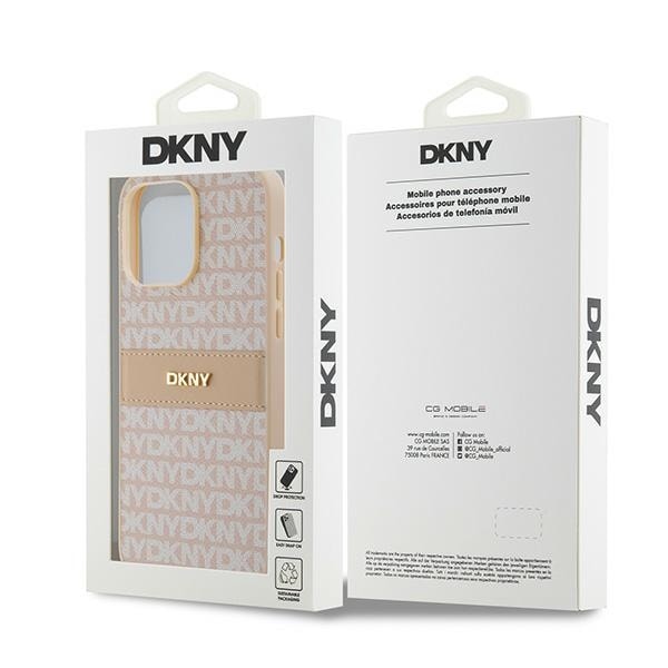 DKNY læderetui med monostribe og metallogo til iPhone 14 Pro Max - pink