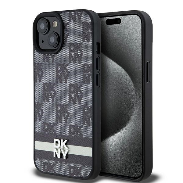 DKNY läderfodral med rutigt monomönster och tryckta ränder för iPhone 15 Plus / 14 Plus - Svart