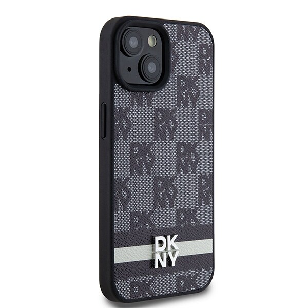 DKNY ternet læderetui med ensfarvet mønster og trykte striber til iPhone 15 Plus / 14 Plus - Sort