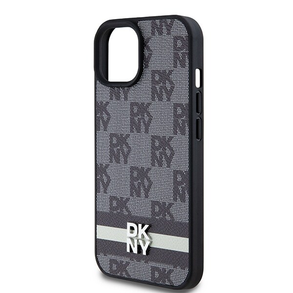 DKNY ternet læderetui med ensfarvet mønster og trykte striber til iPhone 15 Plus / 14 Plus - Sort