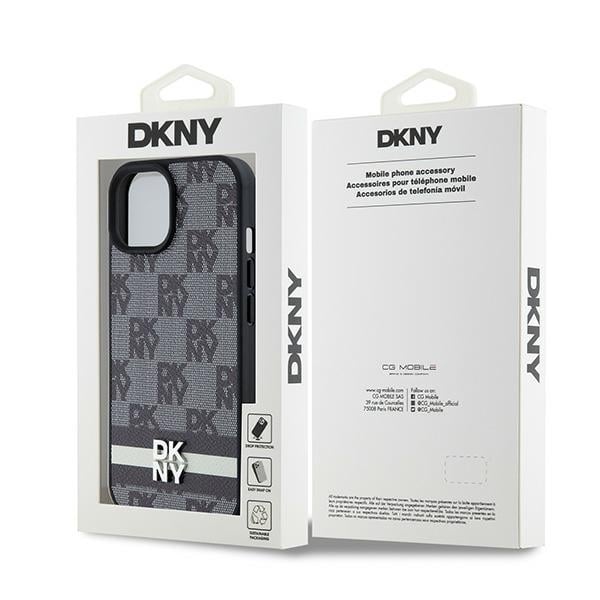 DKNY ternet læderetui med ensfarvet mønster og trykte striber til iPhone 15 Plus / 14 Plus - Sort