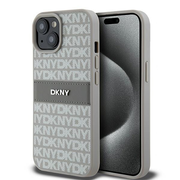 DKNY läderfodral med monostripe och metallogo för iPhone 15 Plus / 14 Plus - beige