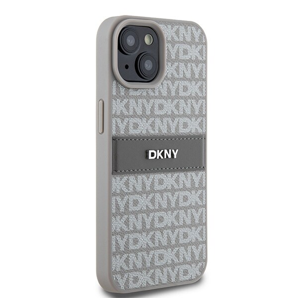 DKNY læderetui med monostribe og metallogo til iPhone 15 Plus / 14 Plus - beige