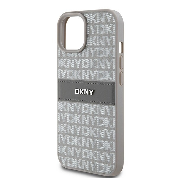 DKNY læderetui med monostribe og metallogo til iPhone 15 Plus / 14 Plus - beige