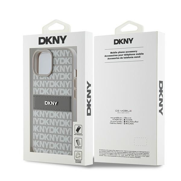 DKNY læderetui med monostribe og metallogo til iPhone 15 Plus / 14 Plus - beige