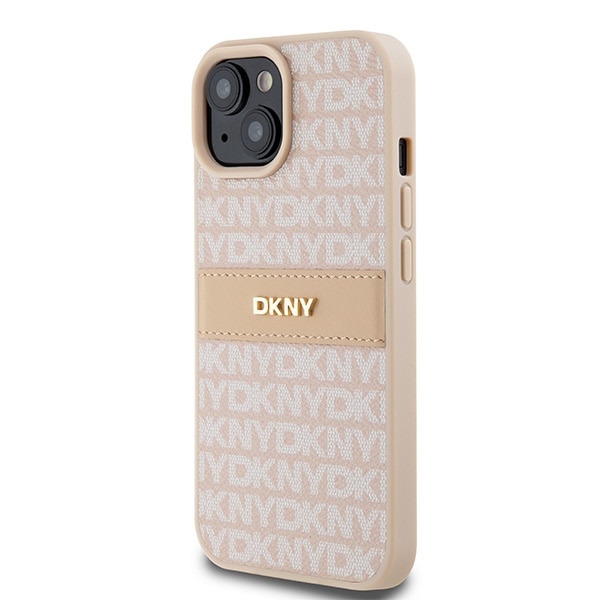 DKNY læderetui med monostribe og metallogo til iPhone 15 Plus / 14 Plus - Pink