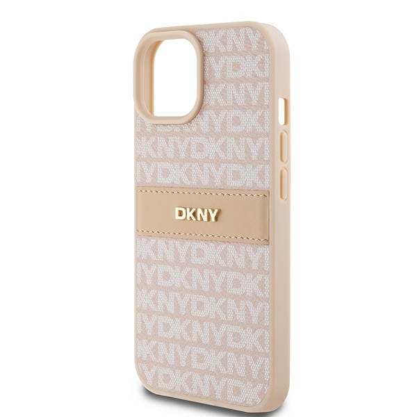 DKNY læderetui med monostribe og metallogo til iPhone 15 Plus / 14 Plus - Pink