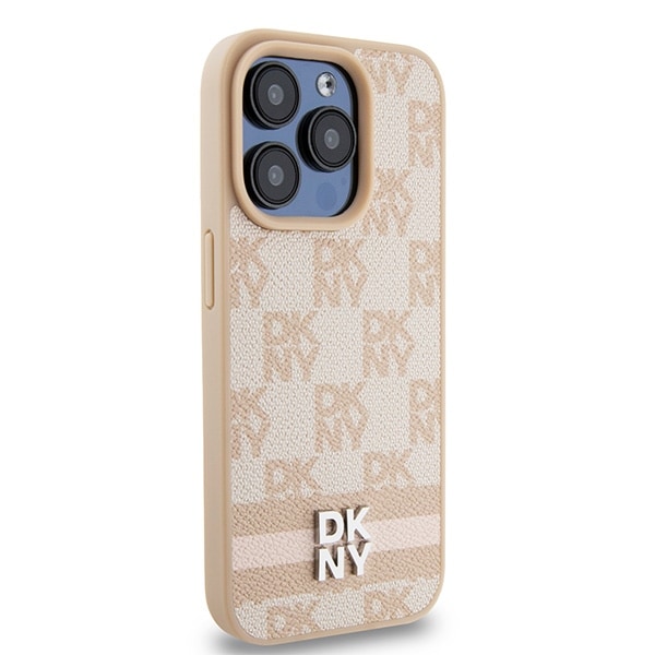 DKNY læderetui med ternet ensfarvet mønster og trykte striber til iPhone 15 Pro Max - pink