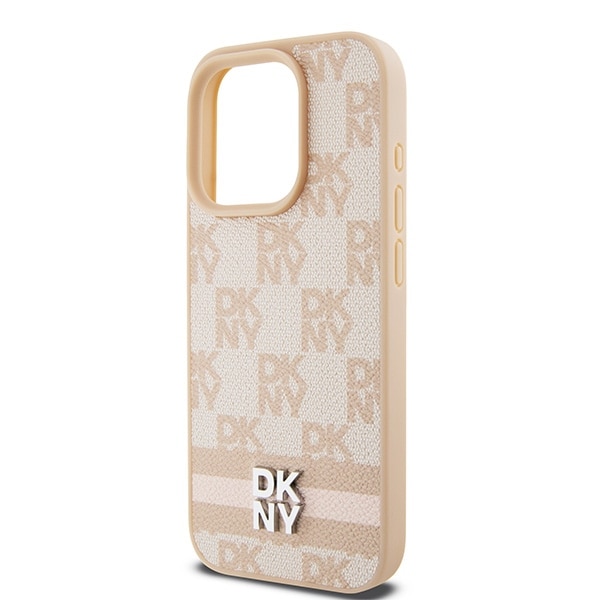 DKNY læderetui med ternet ensfarvet mønster og trykte striber til iPhone 15 Pro Max - pink