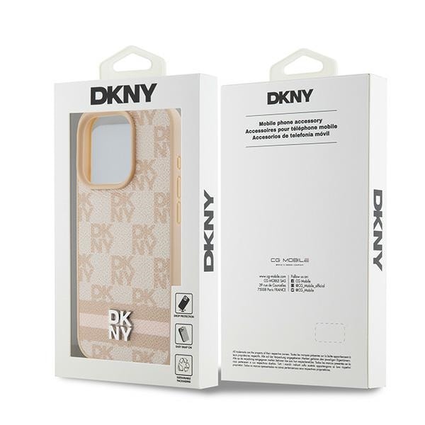 DKNY læderetui med ternet ensfarvet mønster og trykte striber til iPhone 15 Pro Max - pink