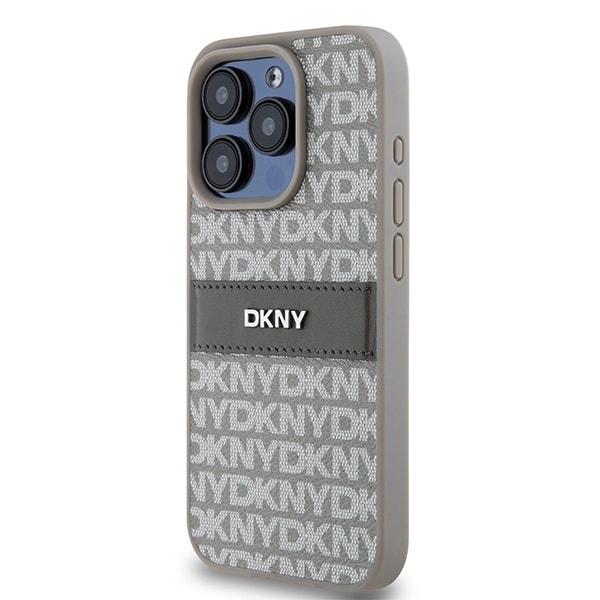 DKNY läderfodral med monostripe och metallogo för iPhone 15 Pro Max - beige