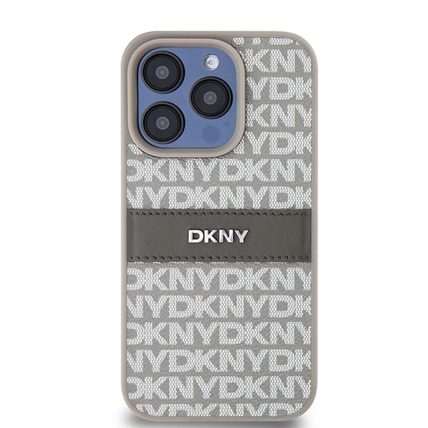 DKNY läderfodral med monostripe och metallogo för iPhone 15 Pro Max - beige