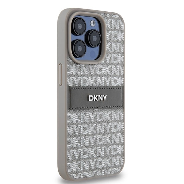 DKNY läderfodral med monostripe och metallogo för iPhone 15 Pro Max - beige