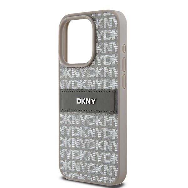 DKNY läderfodral med monostripe och metallogo för iPhone 15 Pro Max - beige