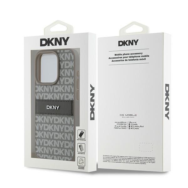 DKNY läderfodral med monostripe och metallogo för iPhone 15 Pro Max - beige