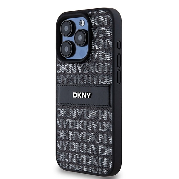 DKNY læderetui med monostribe og metallogo til iPhone 15 Pro Max - sort