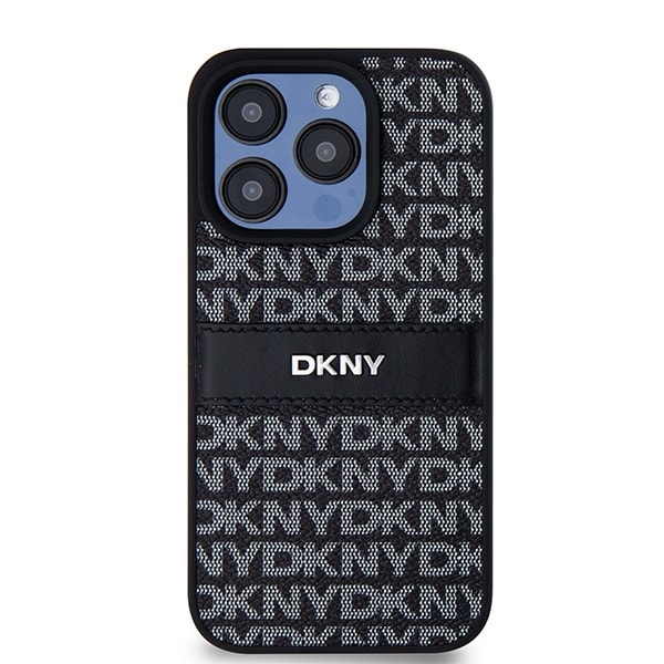 DKNY læderetui med monostribe og metallogo til iPhone 15 Pro Max - sort
