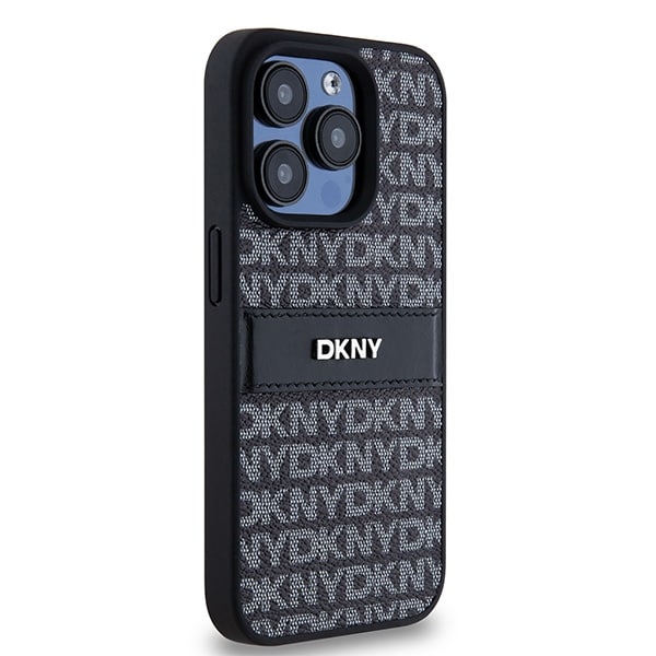 DKNY læderetui med monostribe og metallogo til iPhone 15 Pro Max - sort