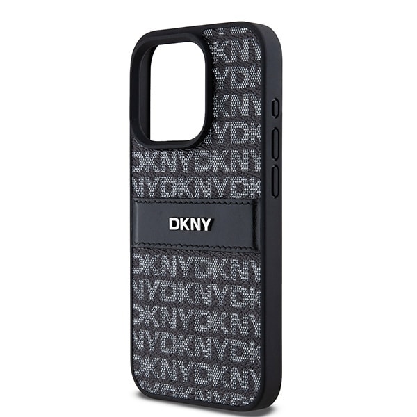 DKNY læderetui med monostribe og metallogo til iPhone 15 Pro Max - sort
