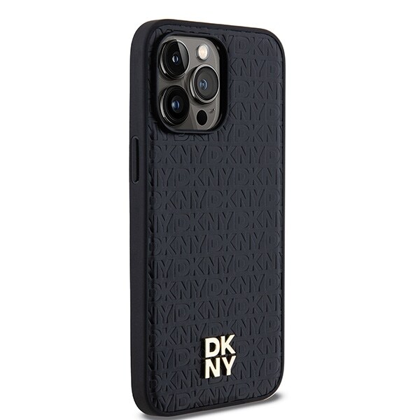 DKNY MagSafe-etui med lædermønster og metallogo til iPhone 14 Pro - sort