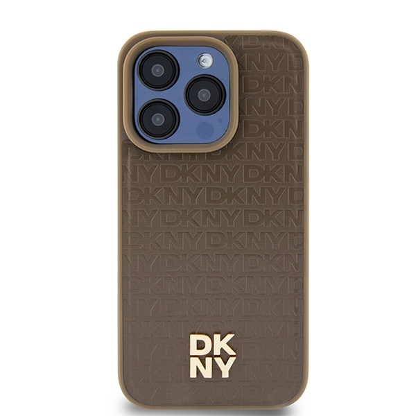 DKNY MagSafe-etui med lædermønster og metallogo til iPhone 14 Pro - brun