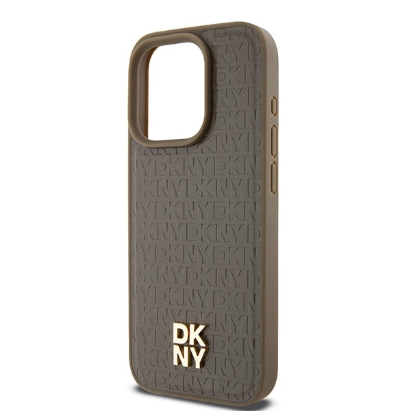 DKNY MagSafe-etui med lædermønster og metallogo til iPhone 14 Pro - brun
