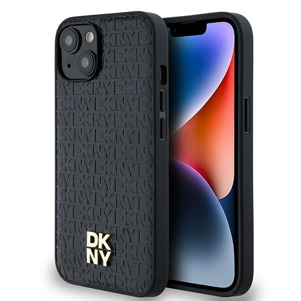 DKNY läderfodral med monogrammönster och metallogo MagSafe-fodral för iPhone 15/14/13 - Svart