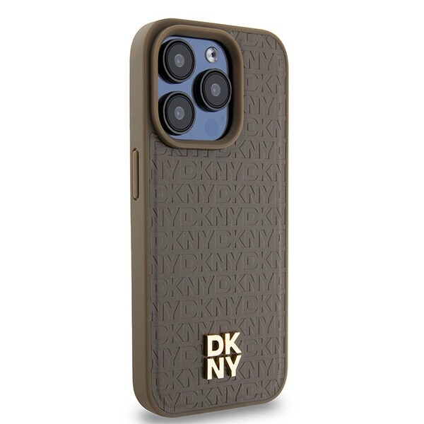 DKNY MagSafe-etui med lædermønster og metallogo til iPhone 14 Pro Max - Brun