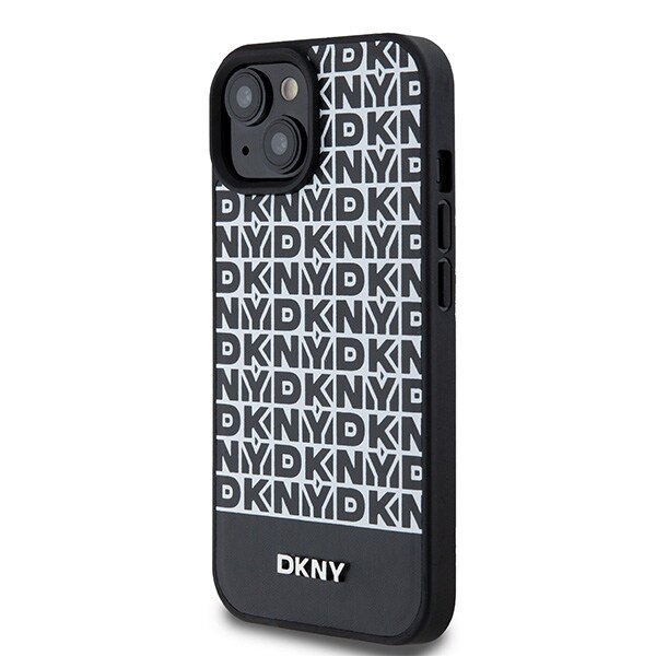 DKNY MagSafe-etui i læder med trykt mønster og metallogo til iPhone 15/14/13 - Sort