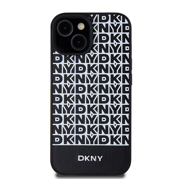 DKNY MagSafe-etui i læder med trykt mønster og metallogo til iPhone 15/14/13 - Sort