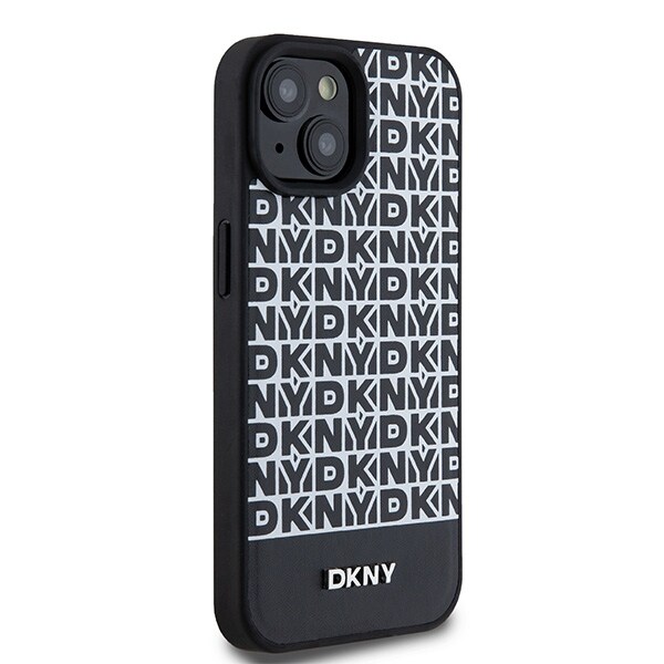 DKNY MagSafe-etui i læder med trykt mønster og metallogo til iPhone 15/14/13 - Sort
