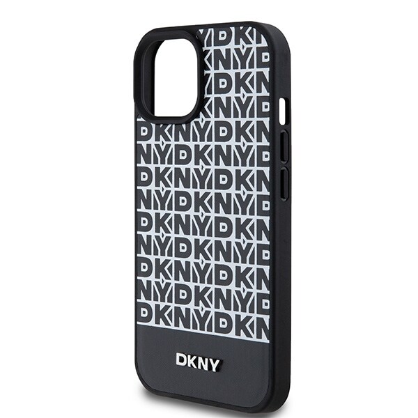 DKNY MagSafe-etui i læder med trykt mønster og metallogo til iPhone 15/14/13 - Sort