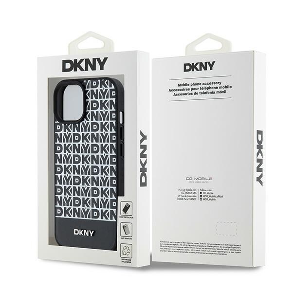 DKNY MagSafe-etui i læder med trykt mønster og metallogo til iPhone 15/14/13 - Sort