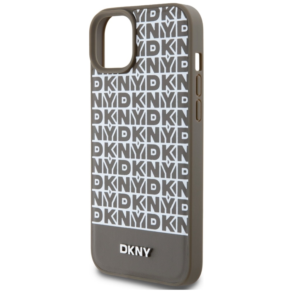 DKNY MagSafe-etui i læder med trykt mønster og metallogo til iPhone 15/14/13 - Brun